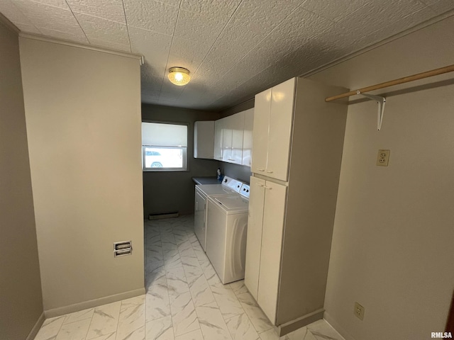 laundry area with marble finish floor, independent washer and dryer, baseboards, and cabinet space