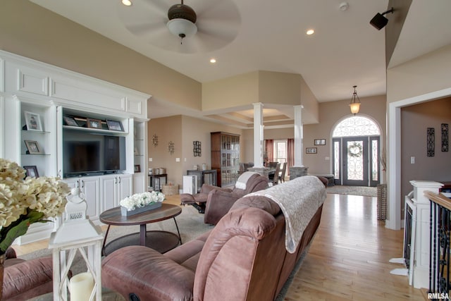 3337 Hunter Rd, Quincy, IL 62305 - living room with decorative columns, a ceiling fan, light wood finished floors, and recessed lighting