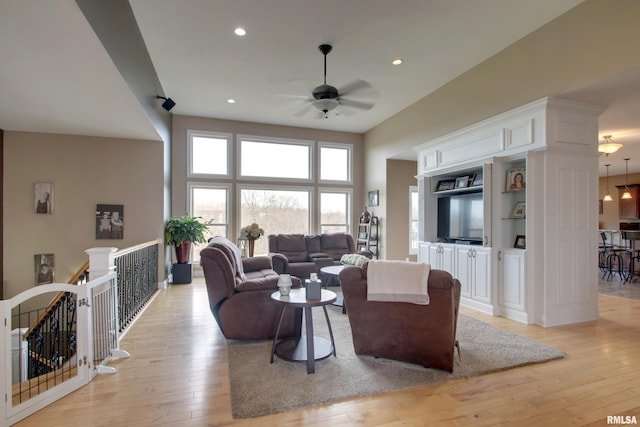 3337 Hunter Rd, Quincy, IL 62305 - living area with ceiling fan, light wood-style floors, recessed lighting, and a towering ceiling