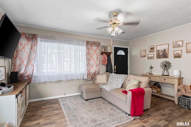 2364 E Keys Ave, Springfield, IL 62702 - living room with a ceiling fan, wood finished floors, crown molding, and baseboards