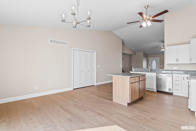 4602 Castle Pines Dr, Springfield, IL 62711 - unfurnished living room with vaulted ceiling, baseboards, a glass covered fireplace, light wood-style flooring, and ceiling fan