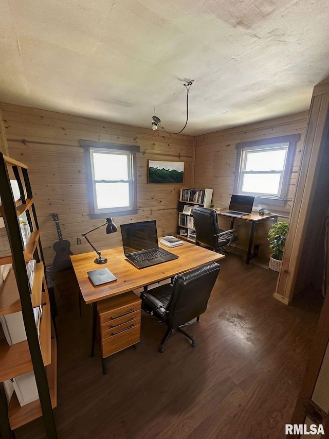 home office featuring dark wood finished floors and wood walls