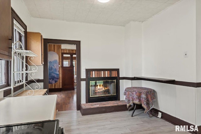interior space with a glass covered fireplace and wood finished floors