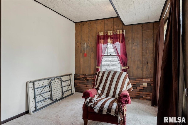 sitting room featuring carpet floors and wooden walls