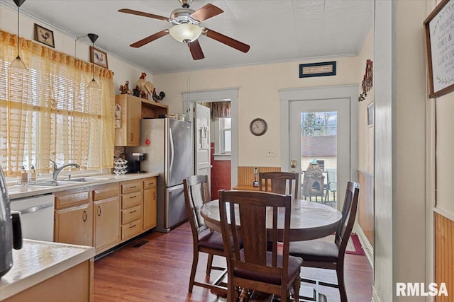 kitchen with light countertops, a sink, a ceiling fan, dark wood-style floors, and dishwashing machine