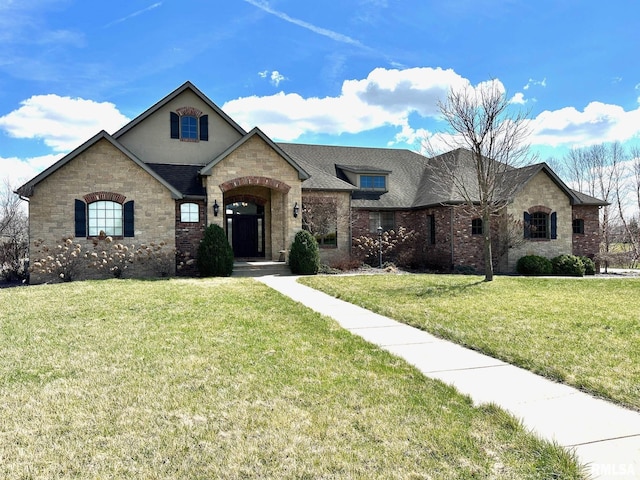 french country style house featuring stone siding, brick siding, a front yard, and roof with shingles