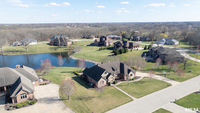 aerial view featuring a residential view and a water view
