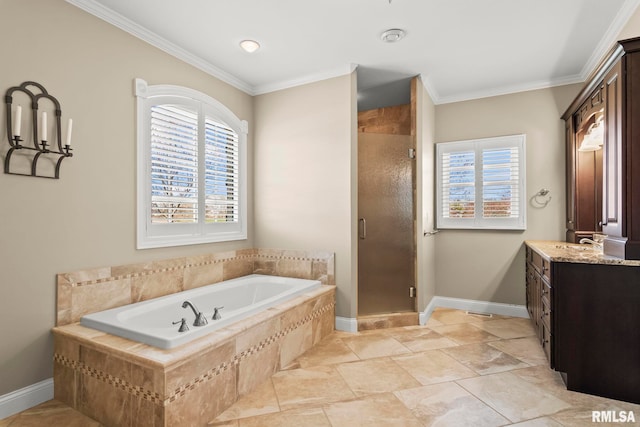 bathroom featuring a shower stall, crown molding, and a bath