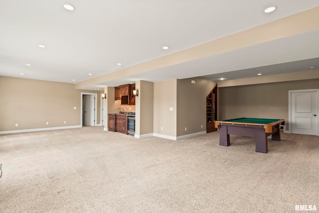 recreation room with baseboards, recessed lighting, pool table, indoor wet bar, and light colored carpet