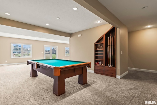 recreation room featuring baseboards, carpet floors, pool table, and recessed lighting