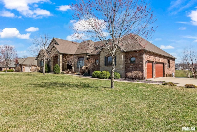ranch-style house with concrete driveway, brick siding, a front lawn, a shingled roof, and a garage