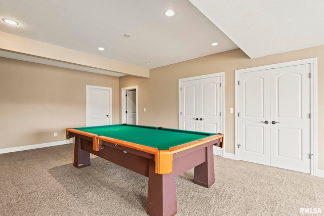 playroom with baseboards, carpet flooring, recessed lighting, and billiards