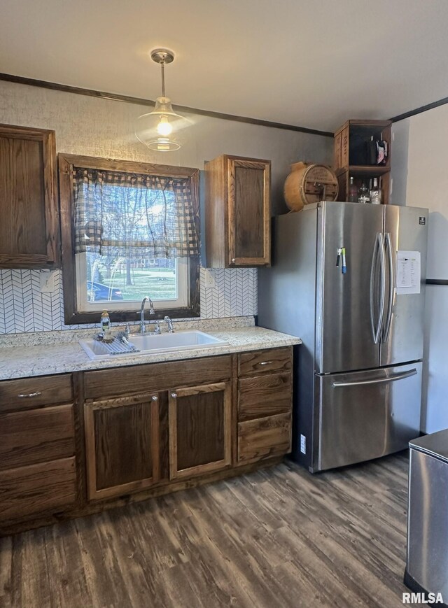 308 Galesburg Rd, Knoxville, IL 61448 - kitchen featuring freestanding refrigerator, backsplash, dark wood finished floors, and a ceiling fan