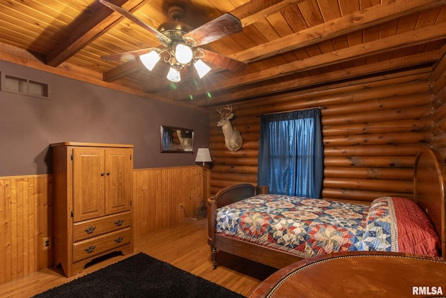 bedroom with wainscoting, wood ceiling, beamed ceiling, and visible vents