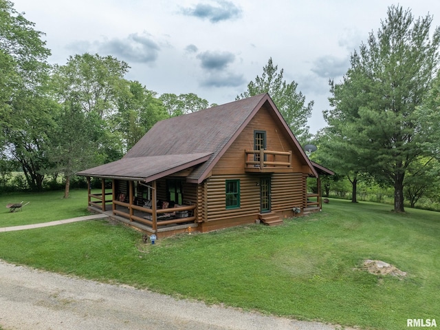 602 SE 13th St, Aledo, IL 61231 - log cabin with log siding, a front lawn, roof with shingles, and view of wooded area