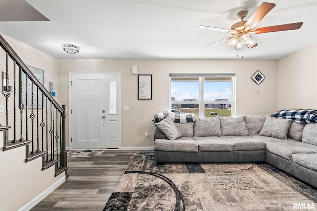 413 Hodges Ct, Chatham, IL 62629 - living room featuring baseboards, dark wood-style floors, stairway, and a ceiling fan