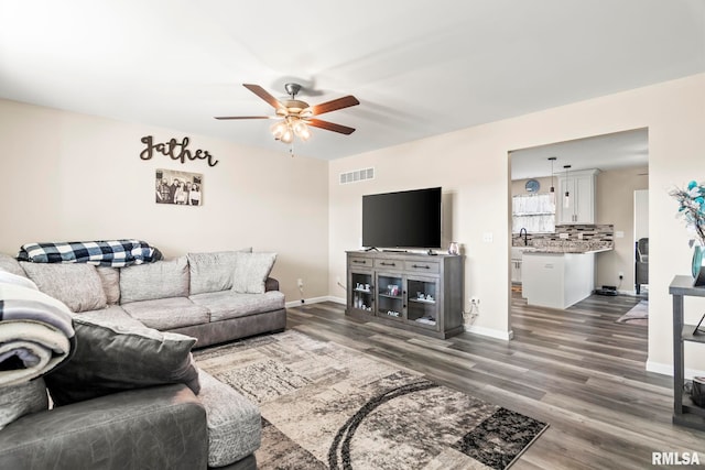 413 Hodges Ct, Chatham, IL 62629 - living room featuring baseboards, visible vents, a ceiling fan, and wood finished floors