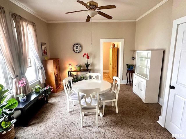 carpeted dining room with baseboards, crown molding, and a ceiling fan
