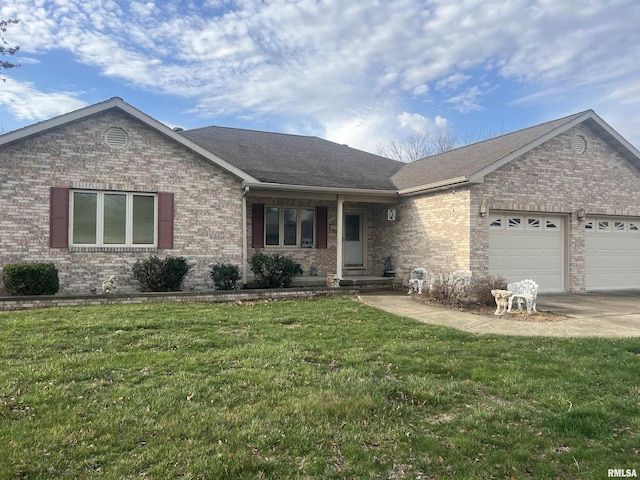 ranch-style house with a garage, brick siding, a front lawn, driveway, and a shingled roof