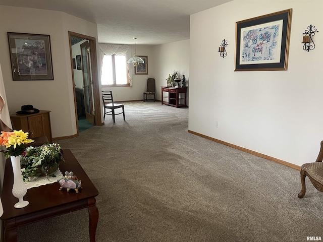living area featuring baseboards and carpet floors
