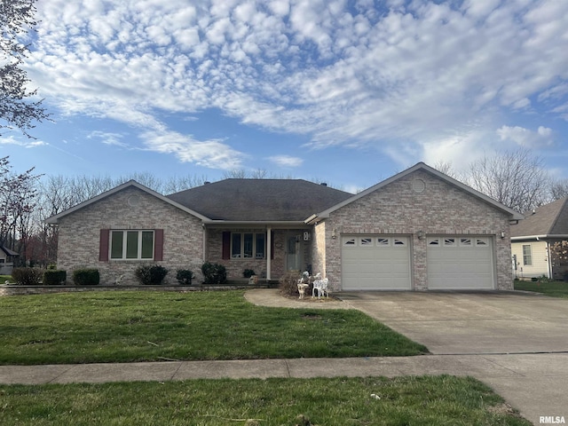 ranch-style home with brick siding, a garage, a front lawn, and concrete driveway