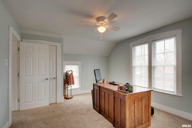 214 N Ohio St, Camp Point, IL 62320 - office featuring baseboards, lofted ceiling, ceiling fan, and light carpet