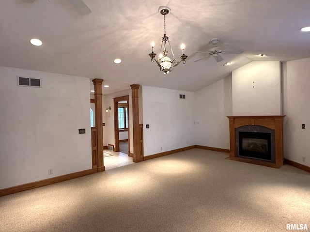 290 W Railroad St, Roseville, IL 61473 - unfurnished living room with decorative columns, a ceiling fan, light colored carpet, and visible vents