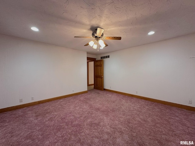 290 W Railroad St, Roseville, IL 61473 - unfurnished room featuring carpet flooring, baseboards, a textured ceiling, ceiling fan, and visible vents