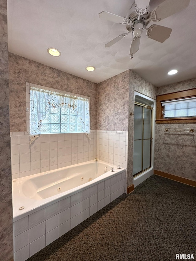 290 W Railroad St, Roseville, IL 61473 - bathroom featuring wallpapered walls, a jetted tub, a stall shower, and a wealth of natural light