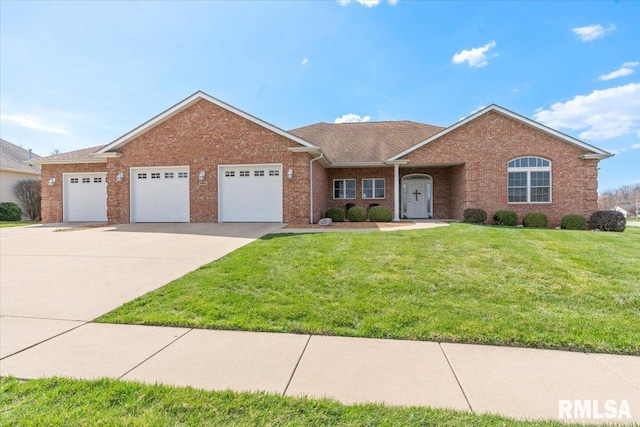 ranch-style house with brick siding, driveway, a front lawn, and an attached garage