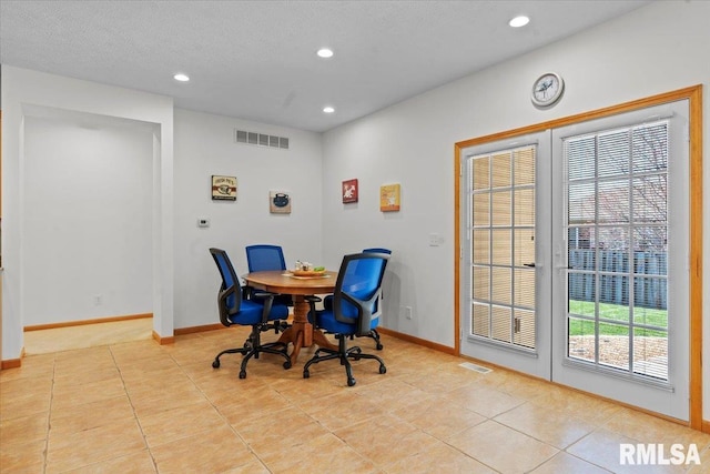 dining area featuring light tile patterned flooring, baseboards, visible vents, and recessed lighting