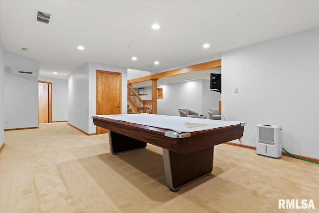 game room with light carpet, billiards, and recessed lighting