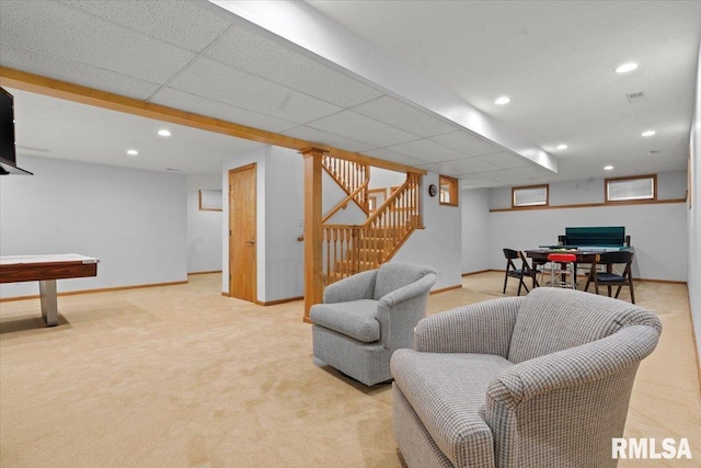 living area featuring stairs, carpet floors, recessed lighting, and baseboards