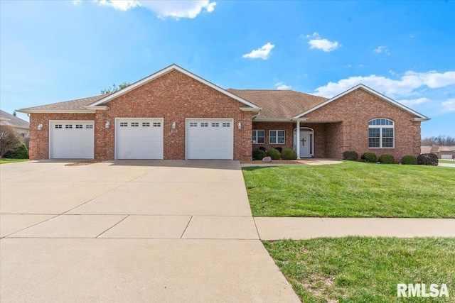 single story home featuring a front yard, roof with shingles, concrete driveway, an attached garage, and brick siding