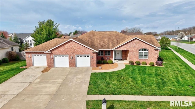 ranch-style home featuring concrete driveway, brick siding, a front lawn, a shingled roof, and a garage