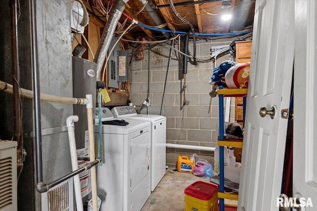 laundry room featuring electric panel, washing machine and clothes dryer, and laundry area