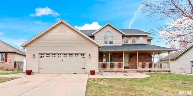 traditional-style house with driveway, a front yard, brick siding, a garage, and covered porch