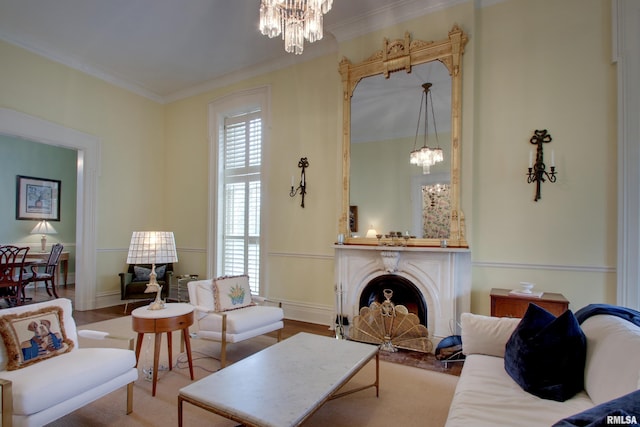 1477 Maine St, Quincy, IL 62301 - living area with a fireplace, crown molding, and an inviting chandelier
