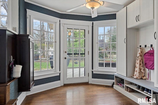 interior space featuring wood finished floors, ceiling fan, baseboards, and a healthy amount of sunlight