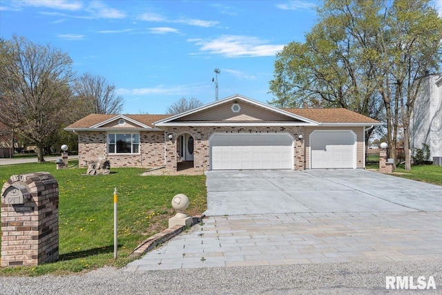 ranch-style house featuring a garage, a front lawn, and concrete driveway