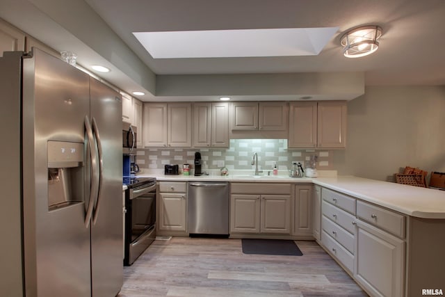 624 Pawn Ave, Quincy, IL 62305 - kitchen with a peninsula, a skylight, a sink, stainless steel appliances, and decorative backsplash