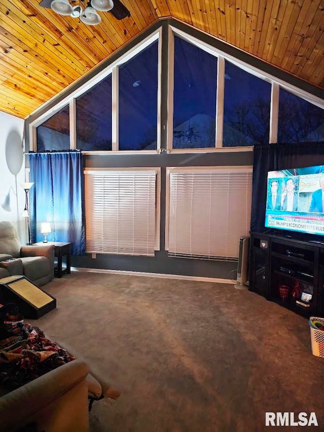 unfurnished living room with wood ceiling, carpet flooring, and vaulted ceiling