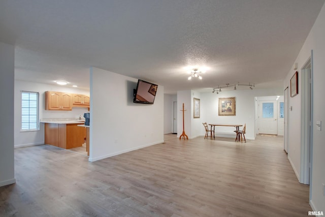 812 N 49th St, Quincy, IL 62305 - unfurnished living room featuring light wood-style flooring, rail lighting, baseboards, and a textured ceiling