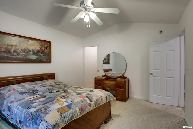 812 N 49th St, Quincy, IL 62305 - bedroom featuring baseboards, light colored carpet, vaulted ceiling, and ceiling fan