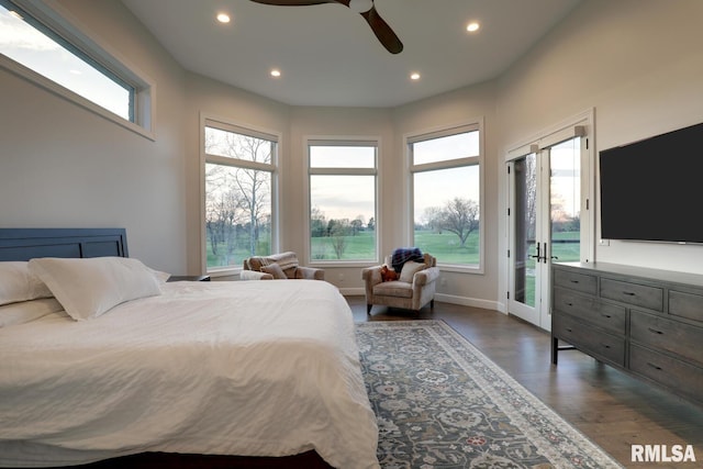 2300 Greenspointe Cir, Quincy, IL 62301 - bedroom featuring access to exterior, multiple windows, recessed lighting, dark wood-style flooring, and a ceiling fan