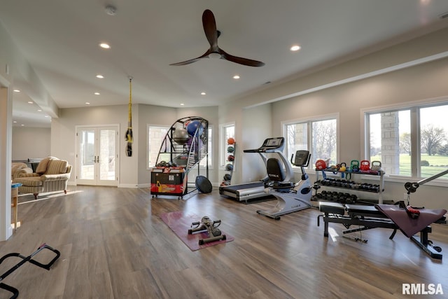 2300 Greenspointe Cir, Quincy, IL 62301 - exercise area featuring recessed lighting, healthy amount of natural light, ceiling fan, and wood finished floors