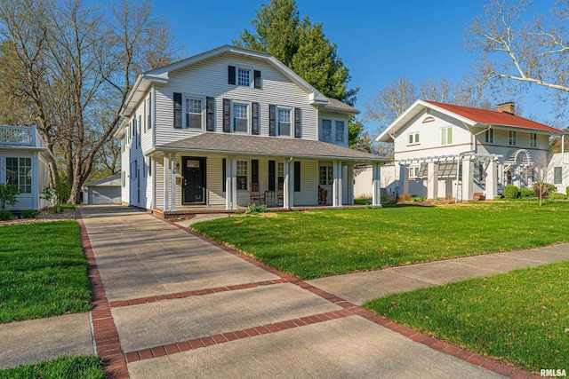view of front facade featuring a porch, an outbuilding, a garage, and a front lawn
