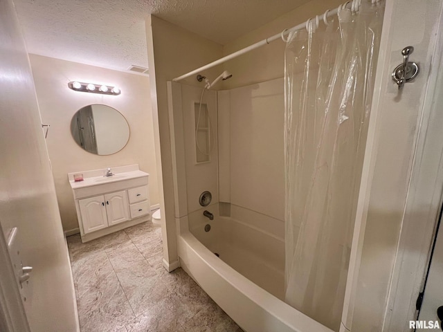905 W Wind Rose Ln, Athens, IL 62613 - full bathroom with vanity, shower / tub combo with curtain, a textured ceiling, toilet, and visible vents