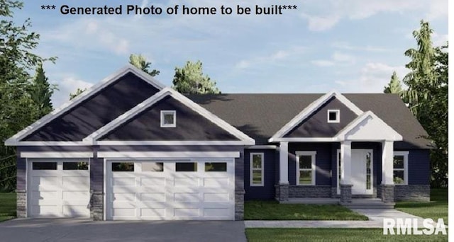 craftsman house with a garage, a front yard, stone siding, and concrete driveway