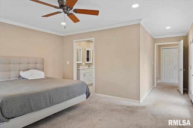 bedroom with crown molding, baseboards, and light carpet